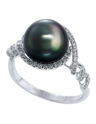 Effy 14k White Gold Diamond and Black Tahitian Pearl Ring - Black Pearl - 7
