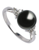 Fine Jewellery 10K White Gold, Diamond And 9mm Black Pearl Ring - Pearl - 7