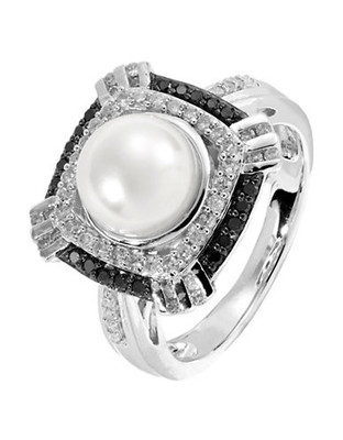 Fine Jewellery Freshwater Pearl Ring with White and Black Diamonds - Pearl - 7