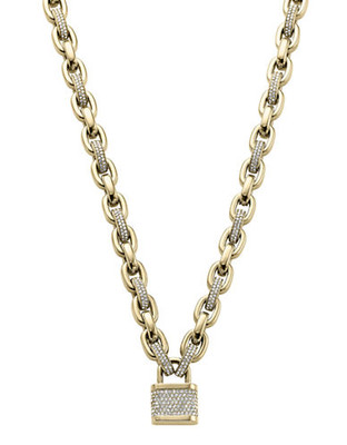 Michael Kors Gold Tone, Clear Pave Links With Padlock Motif Toggle Necklace - Gold