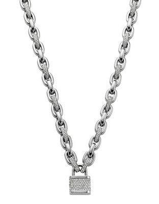 Michael Kors Silver Tone, Clear Pave Links With Padlock Motif Toggle Necklace - Silver
