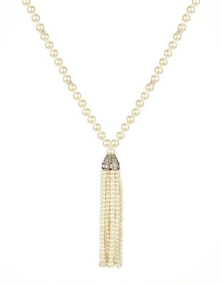 Kenneth Jay Lane Pearl Tassel Necklace with Crystal Accents - Gold