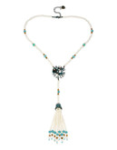 Betsey Johnson Patina Flower and Faux Pearl Tassel Y Shaped Necklace - Green