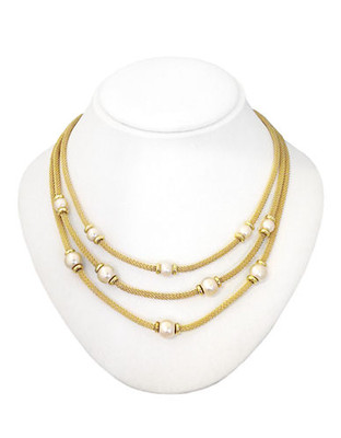 Anne Klein Three Row Mesh Necklace With Pearl - Gold