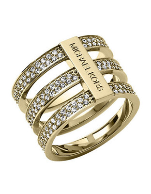 Michael Kors Gold Tone Clear Pave Tri Stack Barrel Ring - Gold - 7