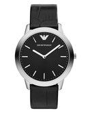 Emporio Armani Large Round Black Dial, Stainless Steel Case on Black Leather Strap - Black
