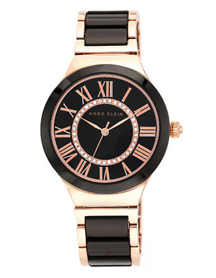 Anne Klein Round Rosegold Case Rosegold Black Brass Ceramic Band with a Black Dial with Crystals - Black