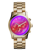 Michael Kors Gold Tone Runway Watch with Iridescent Pink Crystal - GOLD