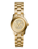 Michael Kors Petite Size Gold Tone Stainless Steel Runway Three Hand Glitz Watch with Logo Dial - Gold