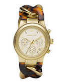 Michael Kors LADIES MID-SIZE TORTOISE ACETATE AND GOLD TONE STAINLESS STEEL RUNWAY TWIST CHRONOGRAPH WATCH - gold