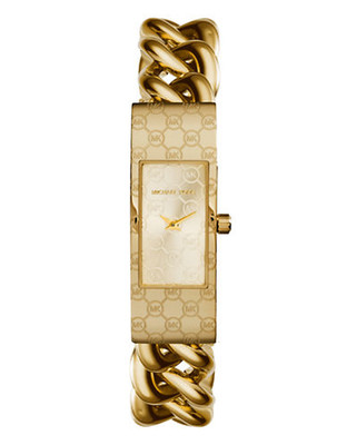 Michael Kors Mid Size Gold Tone Stainless Steel Hayden Three Hand Glitz Watch with Logo Dial - Gold