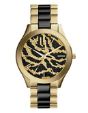 Michael Kors Mid Size Gold Tone Stainless Steel Slim Runway Three Hand Glitz Watch - Gold