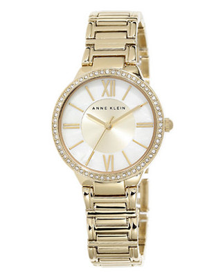 Anne Klein Round goldtone case and band with a mop dial and crystals on the bezel - Gold