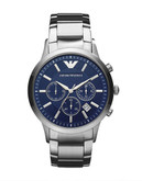Emporio Armani Men's Large Round Blue Dial with Chronograph and Stainless Steel Bracelet Watch - Silver