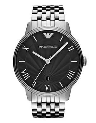 Emporio Armani Large Round Black Stainless Steel Bracelet with Scalloped Dial - Silver