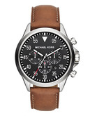 Michael Kors Mens Luggage Leather and Silver Tone Stainless Steel Gage Chronograph Watch - Brown