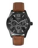 Guess Mens MultiFunction Honey Brown Genuine Leather Watch 45mm W0493G3 - BLUE