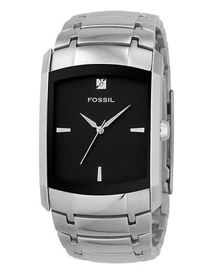 Fossil Mens  Dress Tank Black Dial With Diamond Silver bracelet Watch - Silver