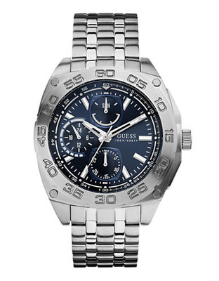 Guess Mens MultiFunction Silver Tone Watch 45mm W0487G1 - BLUE