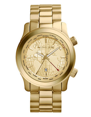 Michael Kors Oversized Gold Tone Stainless Steel Runway Dual Time  Watch - Gold