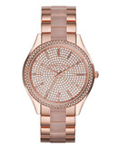 Michael Kors Mid Size Rose Gold Tone Stainless Steel and Blush Acetate Slim Runway Three Hand Glitz Watch - Rose Gold