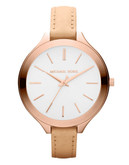Michael Kors Mid Size Vachetta Leather And Rose Gold Tone Stainless Steel Slim Runway Three Hand Watch - Rose Gold