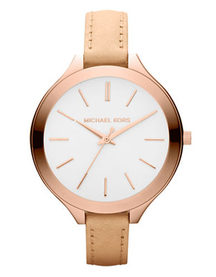 Michael Kors Mid Size Vachetta Leather And Rose Gold Tone Stainless Steel Slim Runway Three Hand Watch - Rose Gold