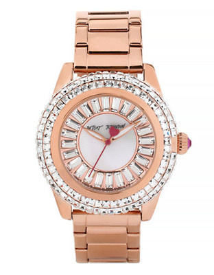 Betsey Johnson Womens Baguette Crystal Set Dial and Rose Gold Bracelet Watch Standard BJ0030103 - Rose Gold