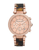Michael Kors Mid-Size Tortoise Acetate And Rose Gold Tone Stainless Steel Parker Chronograph Glitz Watch - Tortoise