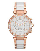 Michael Kors Mid Size White Acetate And Rose Gold Tone Stainless Steel Parker Chronograph Glitz Watch - White
