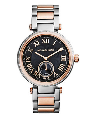 Michael Kors Mid Size Silver and Rose Gold Tone Stainless Steel Skylar Chronograph Glitz Watch - Two Tone