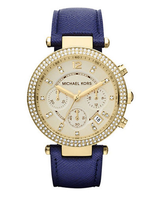 Michael Kors Womens Mid Size Navy Leather And Gold Tone Stainless Steel Parker Chronograph Glitz Watch - Blue