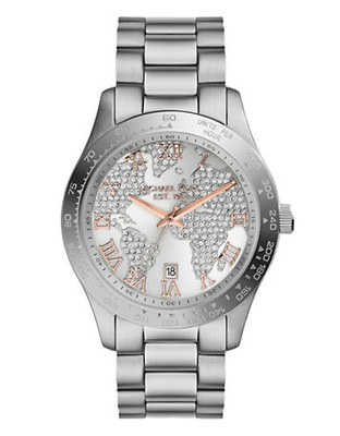 Michael Kors Mid Size Silver Tone Stainless Steel Layton Three Hand Glitz Watch - Silver