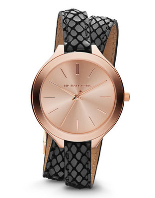 Michael Kors Mid-Size Black Leather and Rose Gold Tone Stainless Steel Slim Runway Three-Hand Watch - Rosegold