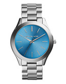 Michael Kors Mid Size Silver Tone Slim Runway Watch with Blue Dial - Silver
