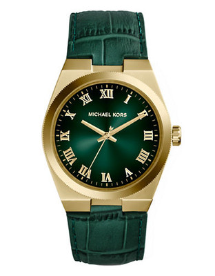 Michael Kors Mid Size Gold Tone Stainless Steel and Green Croc Embossed Leather Channing Three Hand  Watch - Green