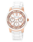 Anne Klein Round rosegold tone case with white ceramic band and crystals on the bezel - WHITE