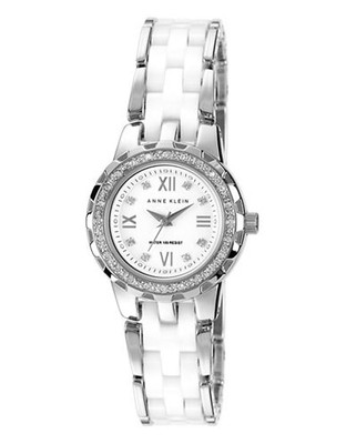 Anne Klein Women's Silver tone and ceramic with crystals Watch - White