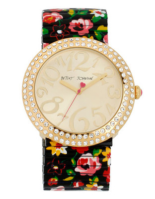 Betsey Johnson Gold Jumbo Sized Case & Multi-Colored Floral Printed Steel Expansion Band Bracelet Watch - Multi
