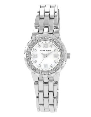 Anne Klein Round silver tone case and band with a MOP dial and crystals on the bezel - Silver