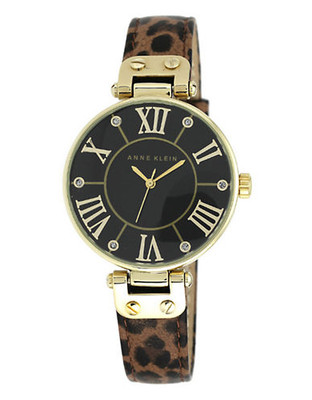 Anne Klein Round gold tone case with brown leather strap and large face black dial - Brown