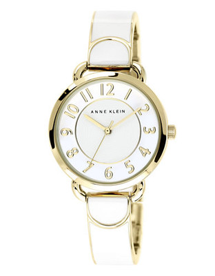 Anne Klein Round gold tone case with white semi bangle and link band - WHITE