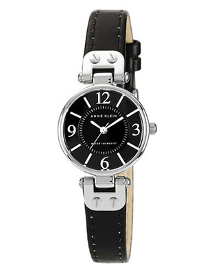 Anne Klein Ladies silver tone round watch with black leather band and silver tone lugs - Black