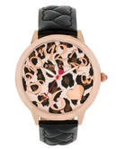 Betsey Johnson Leopard Dial and Black Quilted Heart Strap - Black