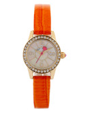 Betsey Johnson Gold Miniature Sized Case & Orange Textured Leather Strap Watch - Orange