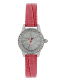 Betsey Johnson Silver Miniature Sized Case & Pink Textured Leather Strap Watch - Pink