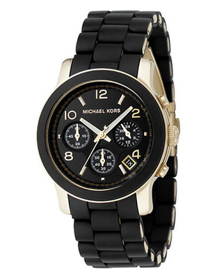 Michael Kors Women's Gold Case Black Polyurethane Strap Watch - Gold/Black