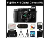 Fujifilm X10 Digital Camera Kit Includes: Replacement Battery, 16GB SD Card, Memory Card Reader, Camera Flash, Gripster Tripod, Starter Kit, SSE Microfiber Clea