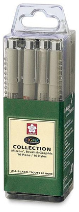 Micron Collection All Black Set of 16 Assorted Size Pens