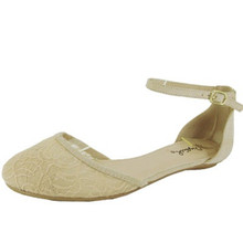 Qupid Savana-214 Lace Round Toe Ankle Strap Flat